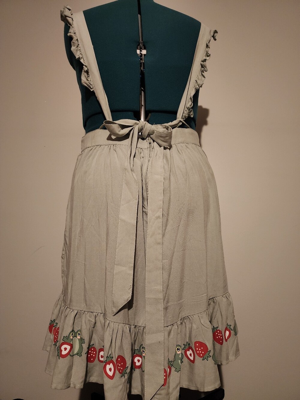 Hot Topic Sage Green Suspender Skirt with Frog & Strawberry Trim